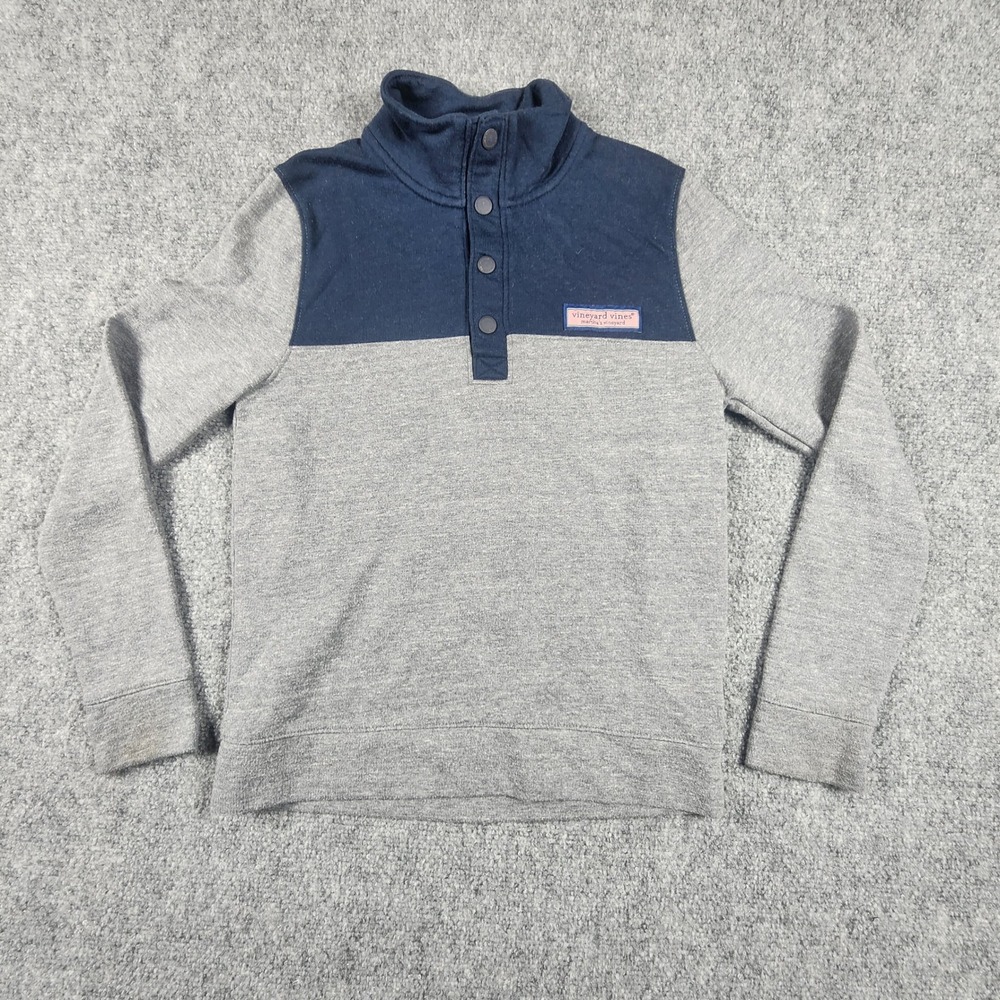 Vineyard Vines Boys Gray Navy Colorblock Snap Mock Neck Pullover Size S 8-10